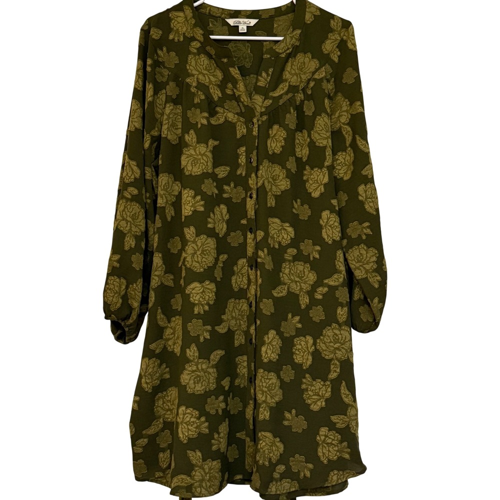 The Pioneer Woman Olive Green Floral Shirt Dress XL Boho Prairie Tie Waist